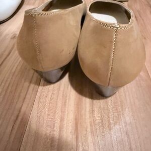 Salvatore Ferragamo Camel Suede Low Block Heel Pumps